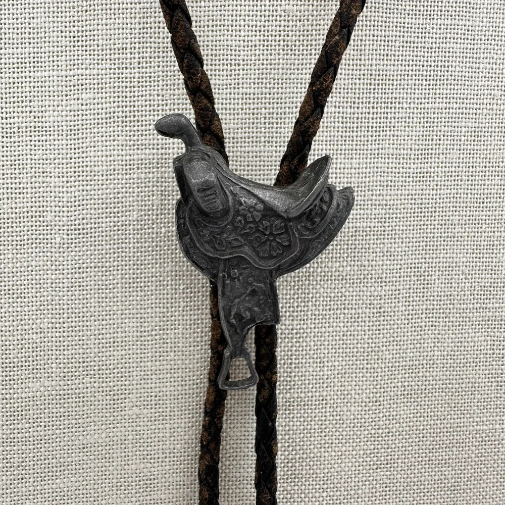 Vintage Western Bolo Tie Silver Tone Horse Saddle Slide Braided Leather Cord Y2K